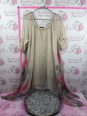 PRONTO MODA Italy dress fairy hem Cream with Pink & Gray Floral Hem soft